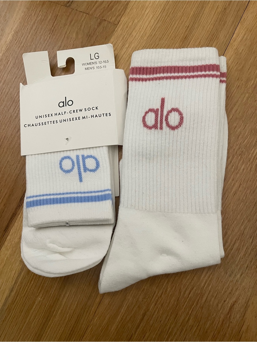 LG Alo White Crew Socks with Pink & Blue Logo Accents